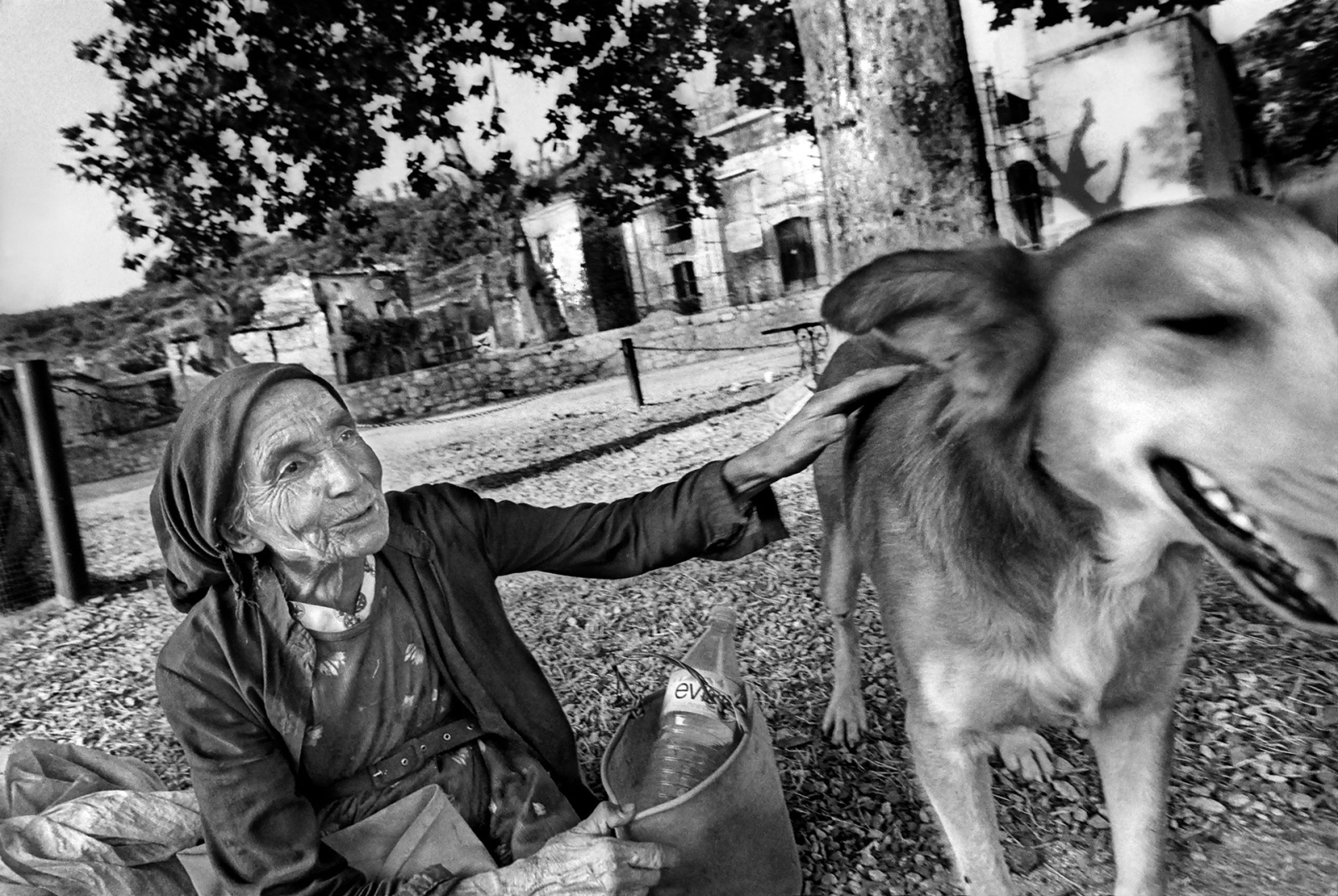 Dorina and the dog in the abandoned village, Roscigno - Italy 1992 - analogic photo