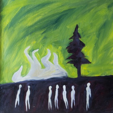 A dog and seven figures, 2014, oil on linen, 40 x 40 cm